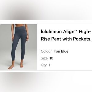 NWT Lululemon Align High-Rise Pant in Iron Blue - Size 10 25 inch